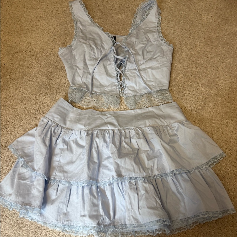 Elegant Blue Lace Trim Mini Dress